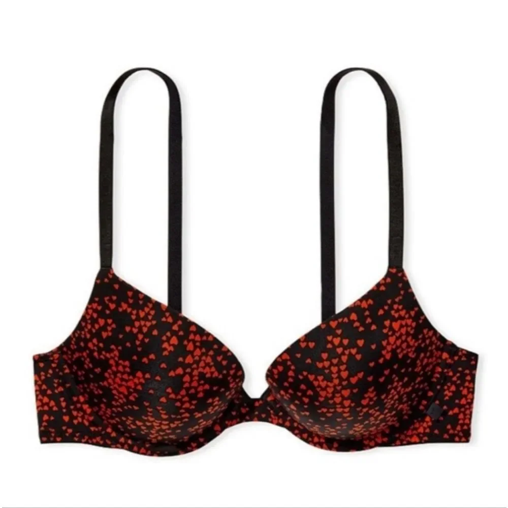 Victorias Secret Push Up Bra In Black & Red Heart Pattern Size 38DD